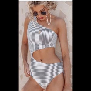 White and black stripe swimsuit, large